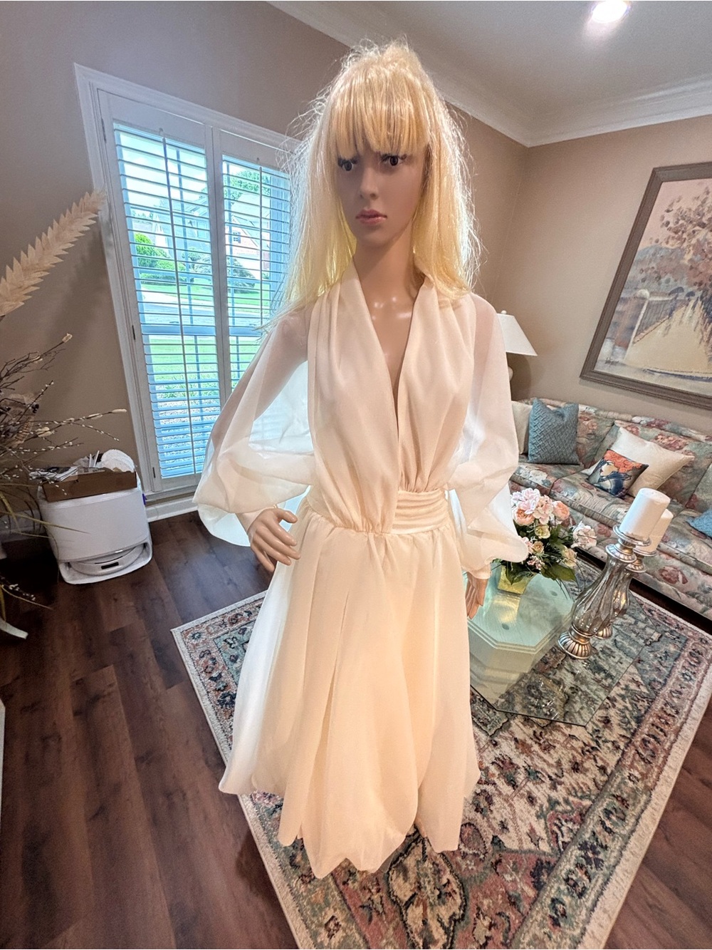 Cream Long-Sleeve V-Neck Midi Dress with Sheer Sleeves